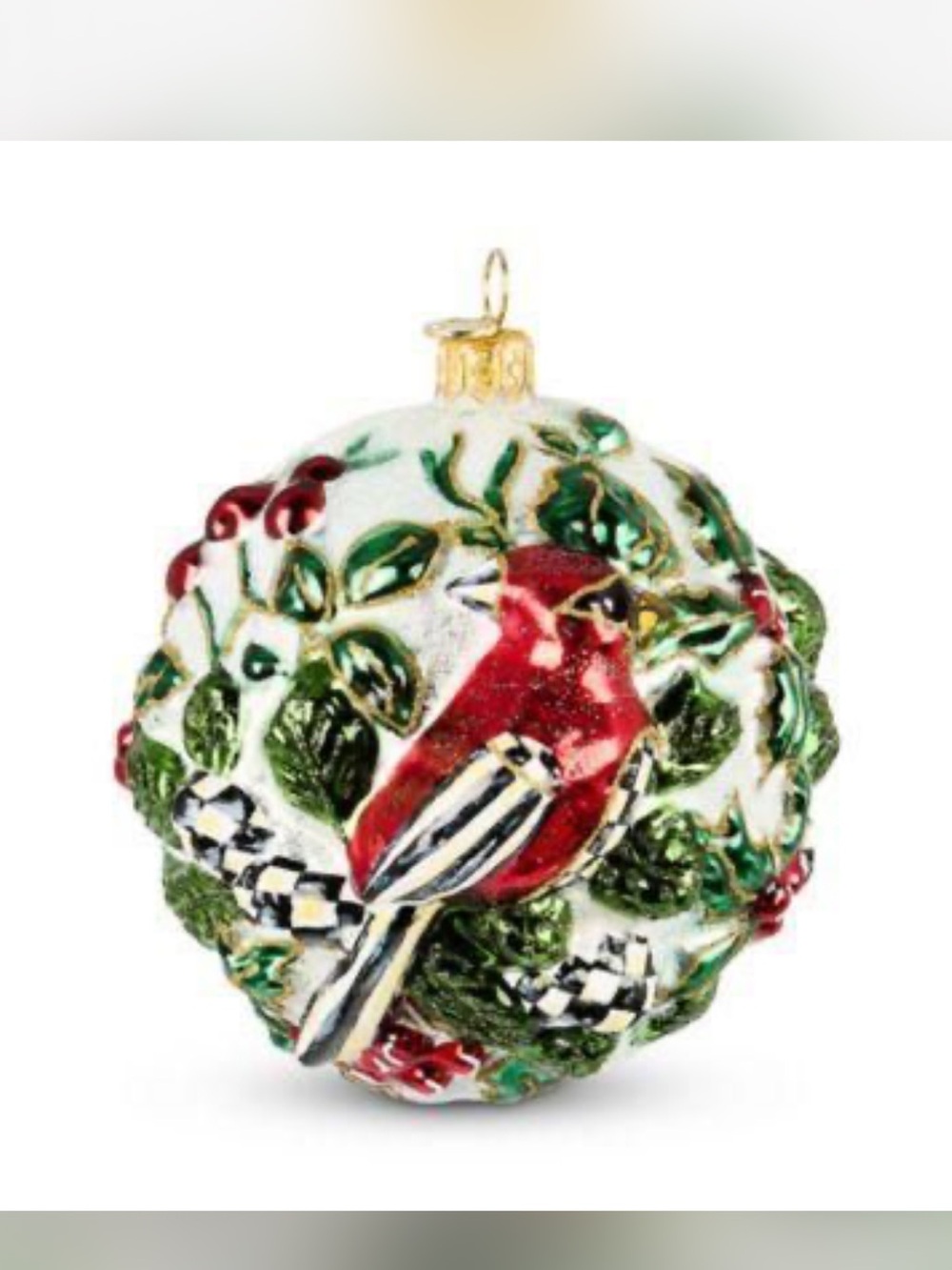 New! MacKenzie-Childs Red Cardinal Holiday Ornament with Green Foliage